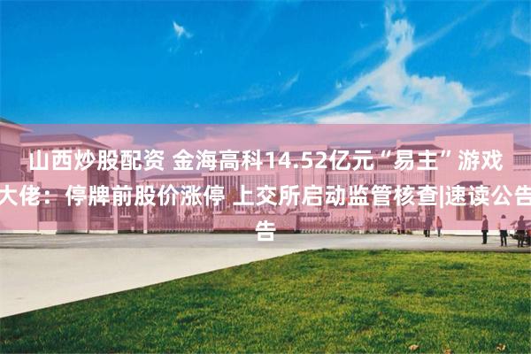 山西炒股配资 金海高科14.52亿元“易主”游戏大佬：停牌前股价涨停 上交所启动监管核查|速读公告
